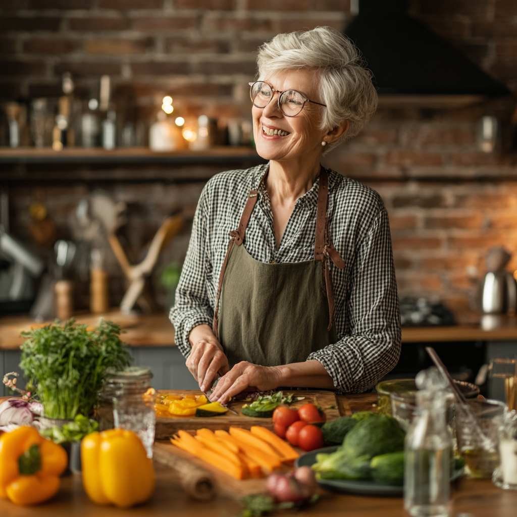 Smiling elderly European woman preparing healthy colorful meal in modern kitchen, showing joy of mindful eating