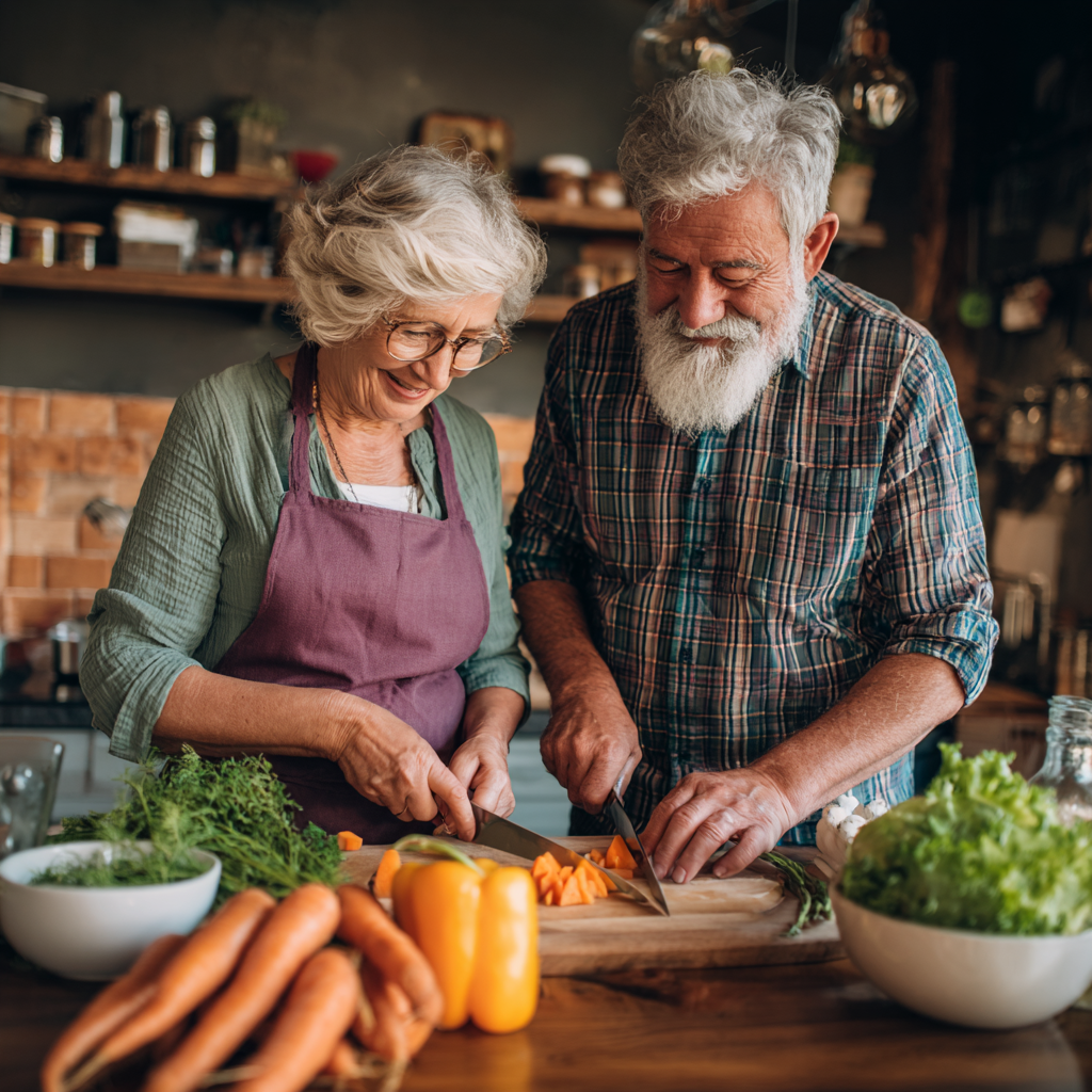 Content elderly European man sitting at dining table with healthy meal, practicing mindful eating with focused attention
