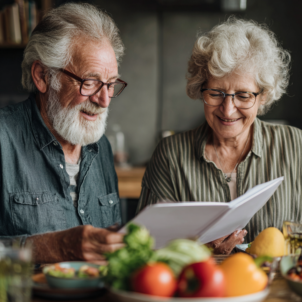 Happy elderly European couple enjoying healthy meal together, demonstrating satisfaction and contentment from proper nutrition